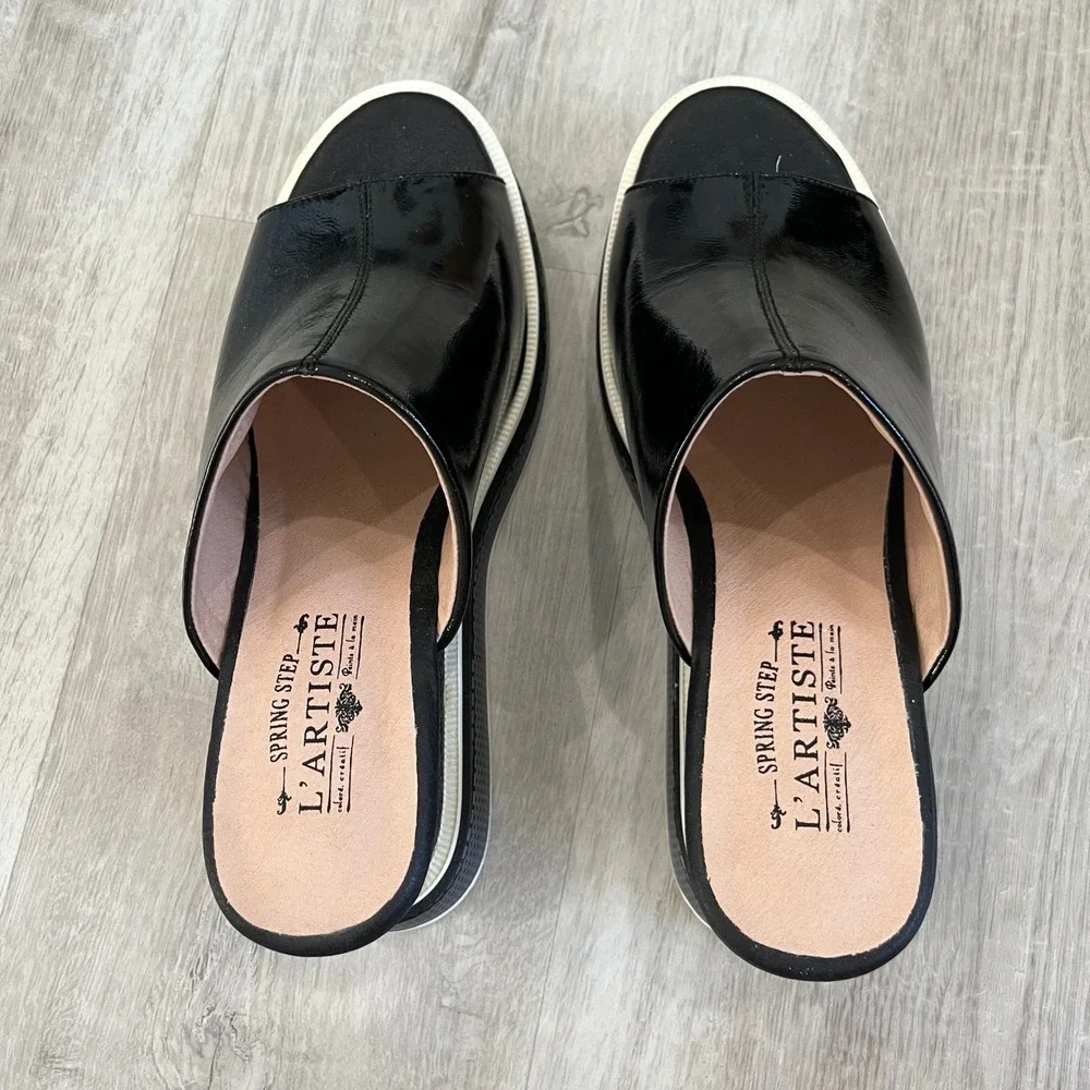 L'Artiste by Spring Step Allurin Platform Slide Sandals Black Wedding Sz 41 NWOT